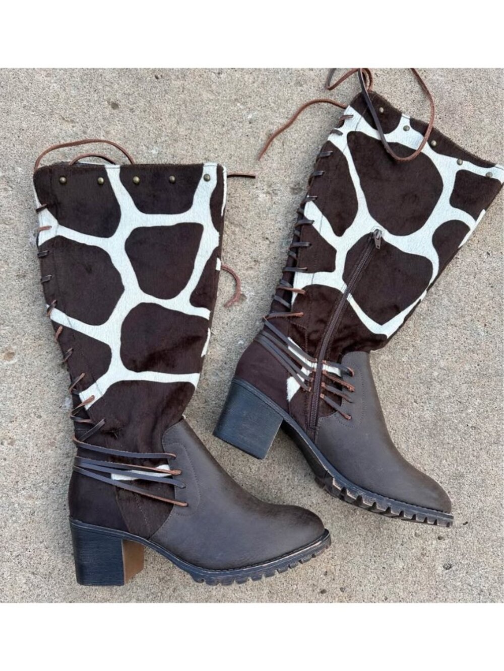 Cato Giraffe Print Lace Up Knee High Boots Brown/Cream Size 7